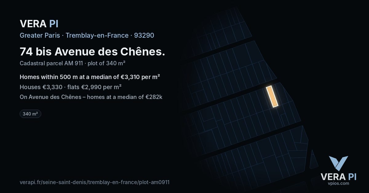 74 bis Avenue des Chênes, Tremblay-en-France at night – the plot lit, the parcels around coloured by the prices near them