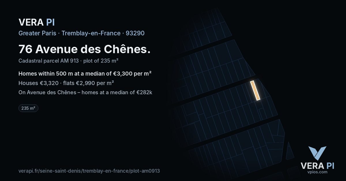 76 Avenue des Chênes, Tremblay-en-France at night – the plot lit, the parcels around coloured by the prices near them