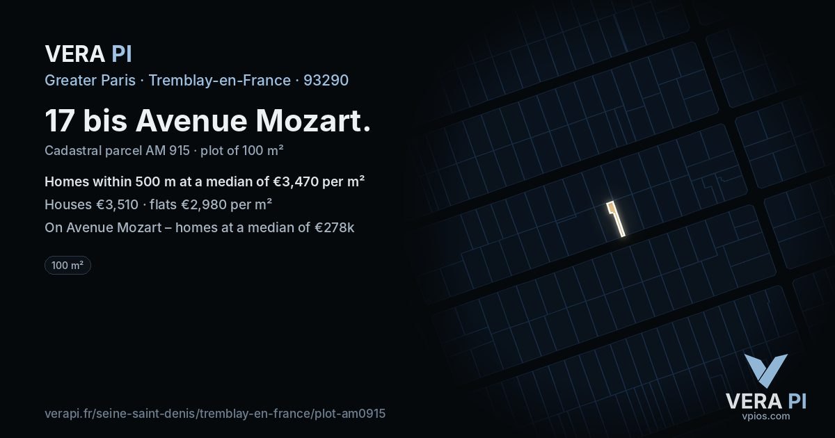 17 bis Avenue Mozart, Tremblay-en-France at night – the plot lit, the parcels around coloured by the prices near them
