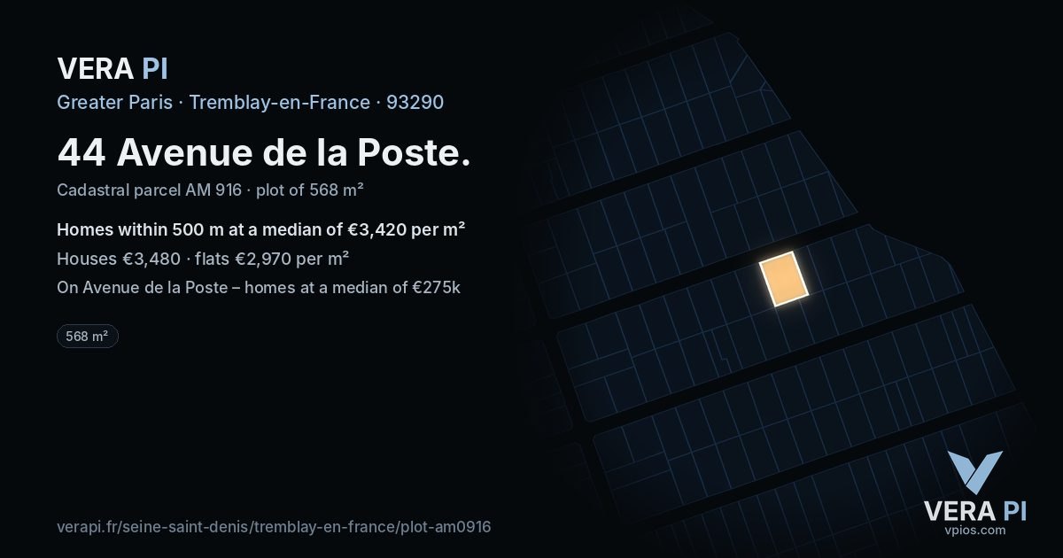 44 Avenue de la Poste, Tremblay-en-France at night – the plot lit, the parcels around coloured by the prices near them