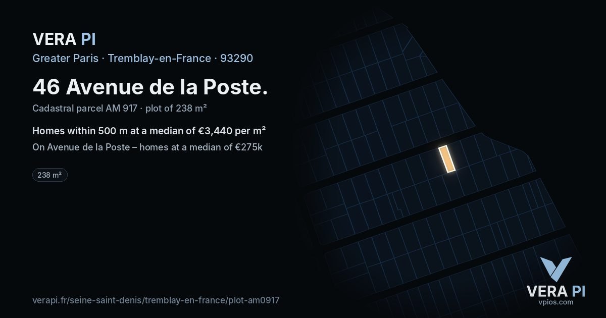 46 Avenue de la Poste, Tremblay-en-France at night – the plot lit, the parcels around coloured by the prices near them