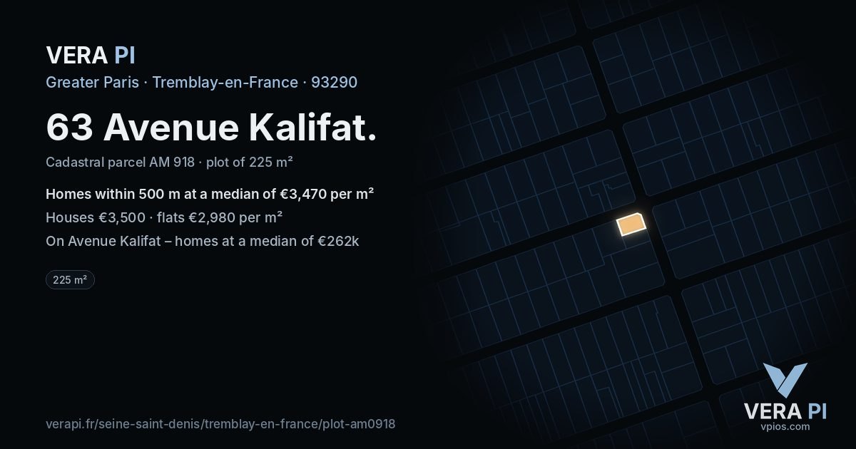 63 Avenue Kalifat, Tremblay-en-France at night – the plot lit, the parcels around coloured by the prices near them