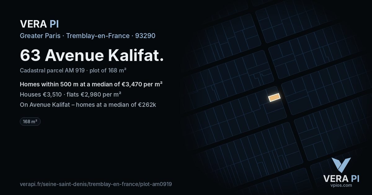 63 Avenue Kalifat, Tremblay-en-France at night – the plot lit, the parcels around coloured by the prices near them