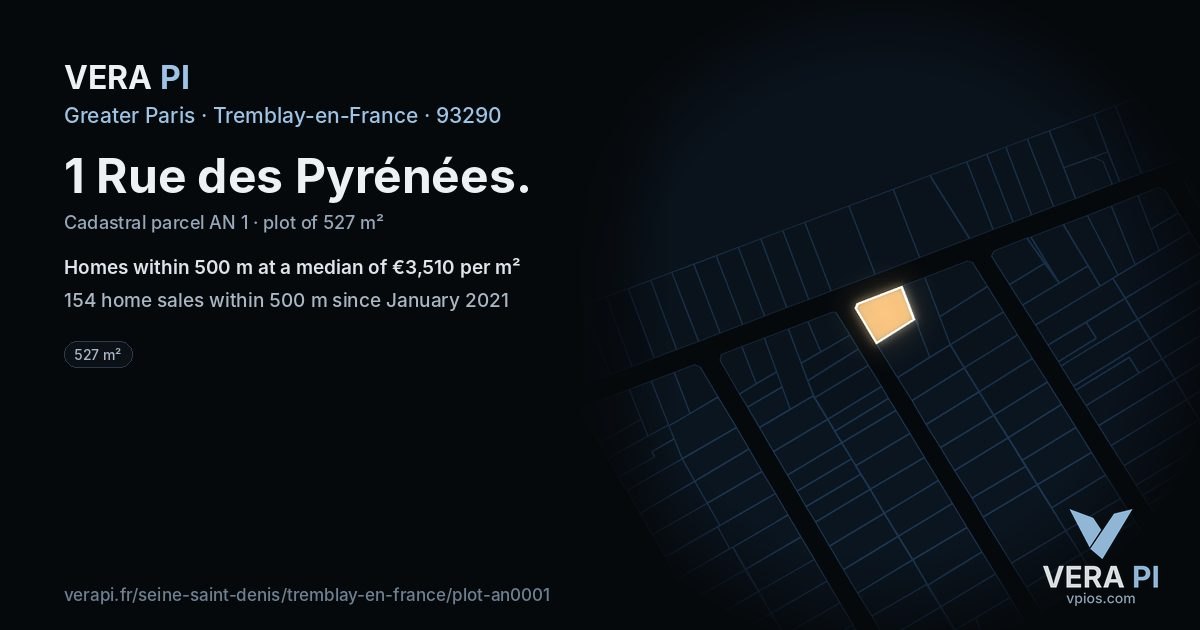 1 Rue des Pyrénées, Tremblay-en-France at night – the plot lit, the parcels around coloured by the prices near them