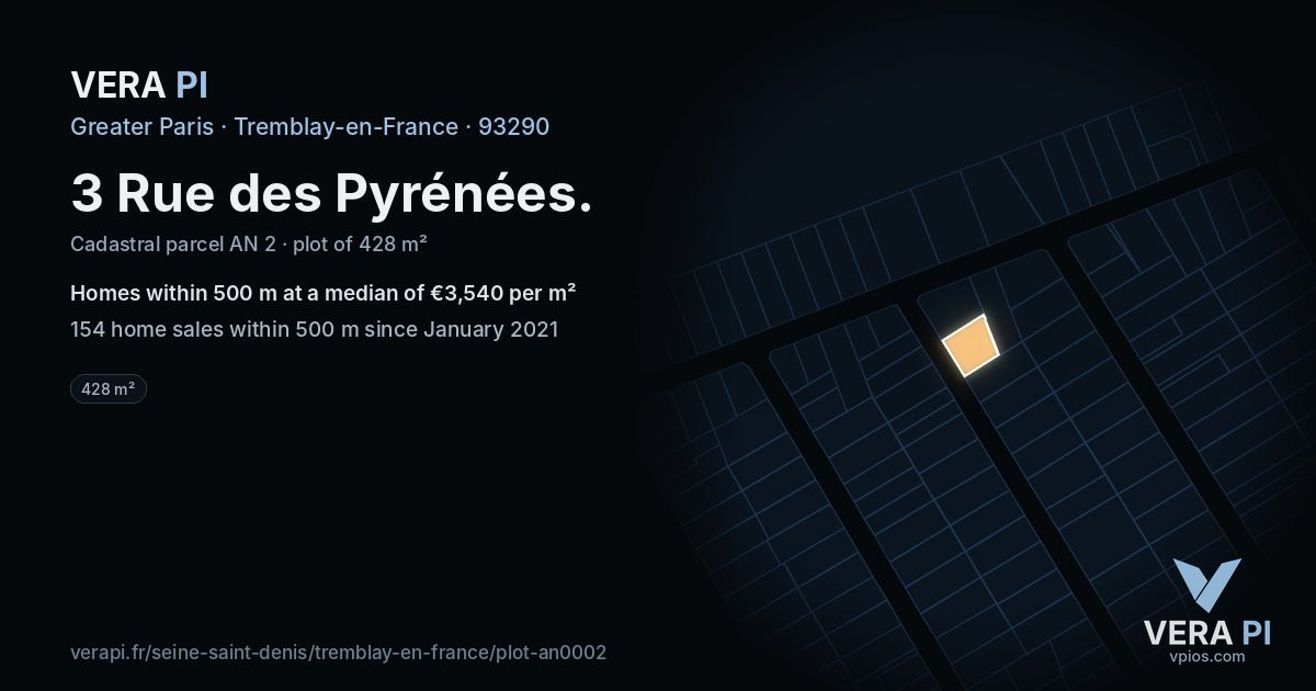 3 Rue des Pyrénées, Tremblay-en-France at night – the plot lit, the parcels around coloured by the prices near them