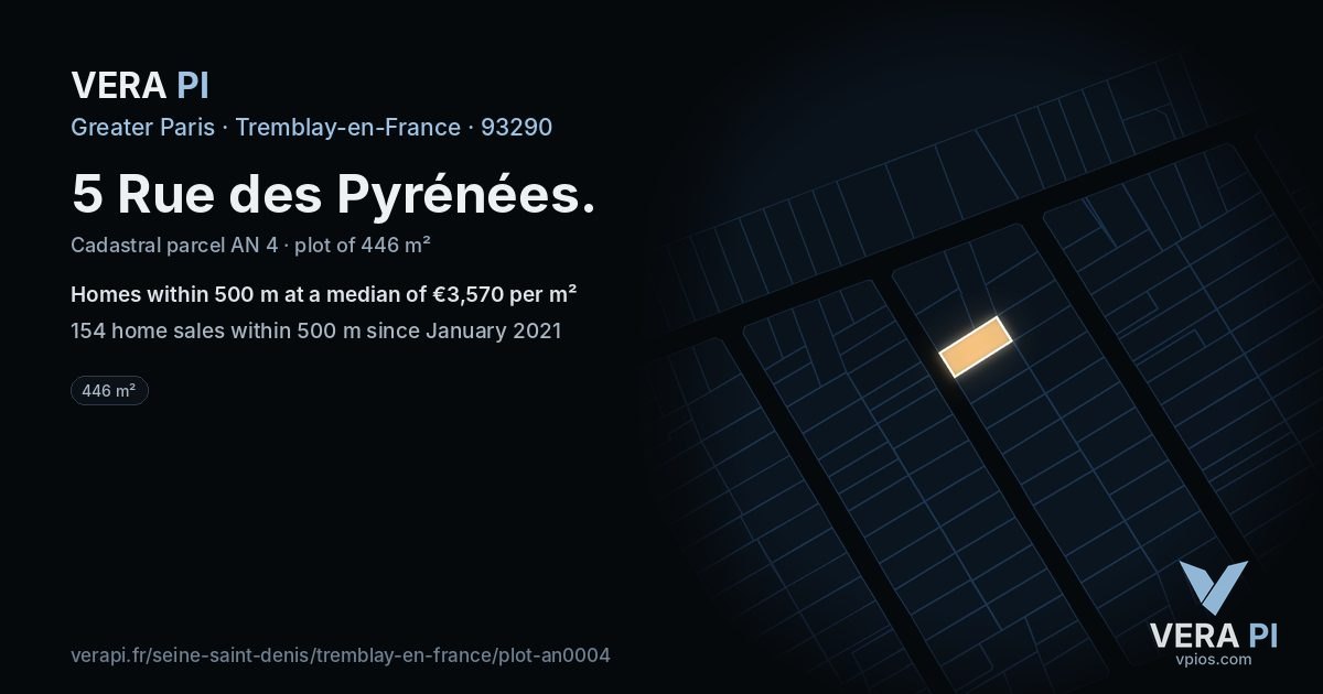 5 Rue des Pyrénées, Tremblay-en-France at night – the plot lit, the parcels around coloured by the prices near them