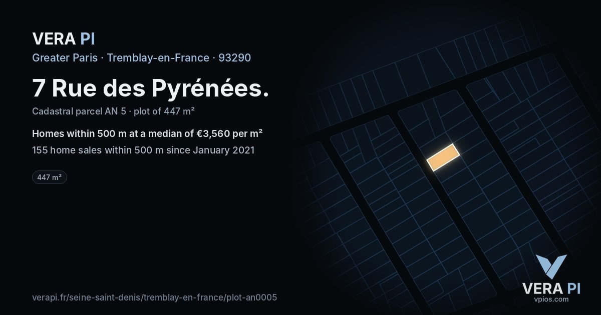 7 Rue des Pyrénées, Tremblay-en-France at night – the plot lit, the parcels around coloured by the prices near them