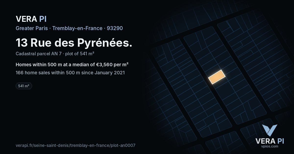 13 Rue des Pyrénées, Tremblay-en-France at night – the plot lit, the parcels around coloured by the prices near them