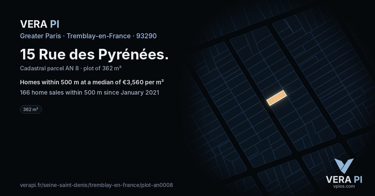15 Rue des Pyrénées, Tremblay-en-France at night – the plot lit, the parcels around coloured by the prices near them