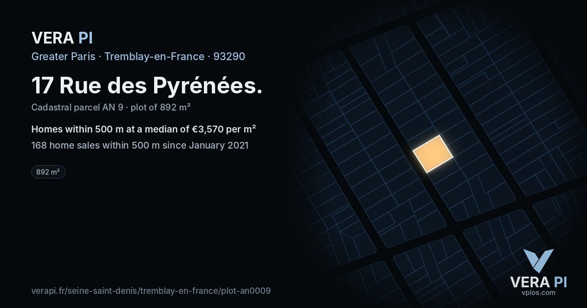 17 Rue des Pyrénées, Tremblay-en-France at night – the plot lit, the parcels around coloured by the prices near them