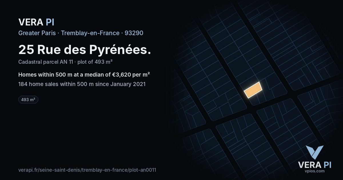 25 Rue des Pyrénées, Tremblay-en-France at night – the plot lit, the parcels around coloured by the prices near them