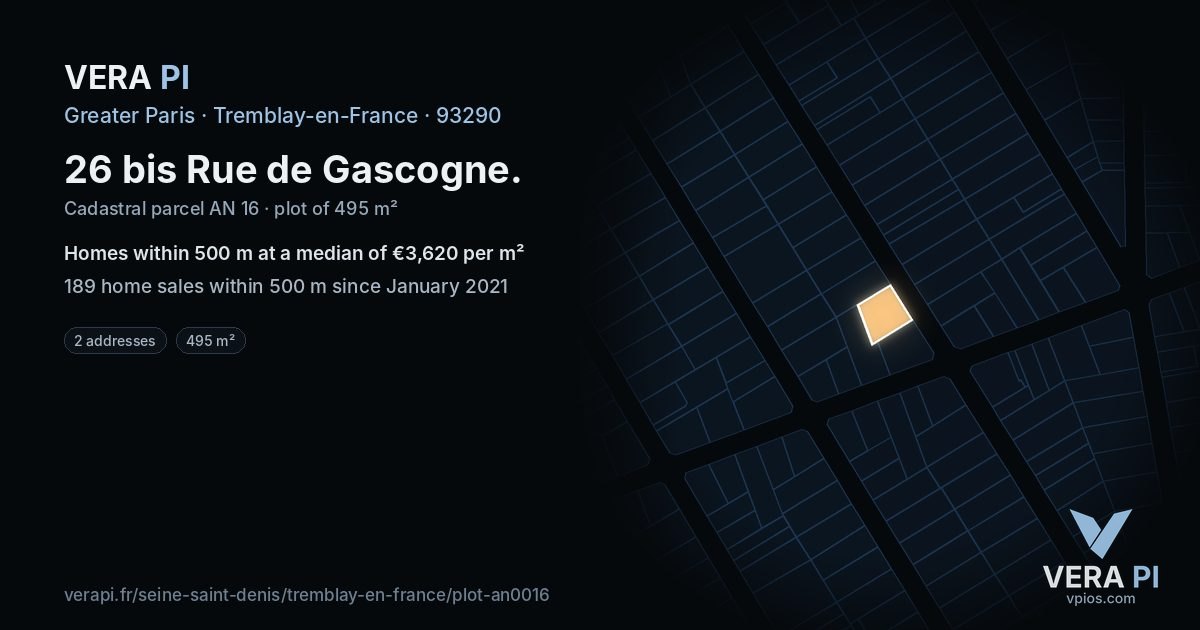 26 bis Rue de Gascogne, Tremblay-en-France at night – the plot lit, the parcels around coloured by the prices near them