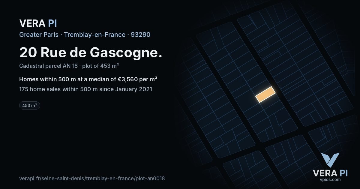 20 Rue de Gascogne, Tremblay-en-France at night – the plot lit, the parcels around coloured by the prices near them