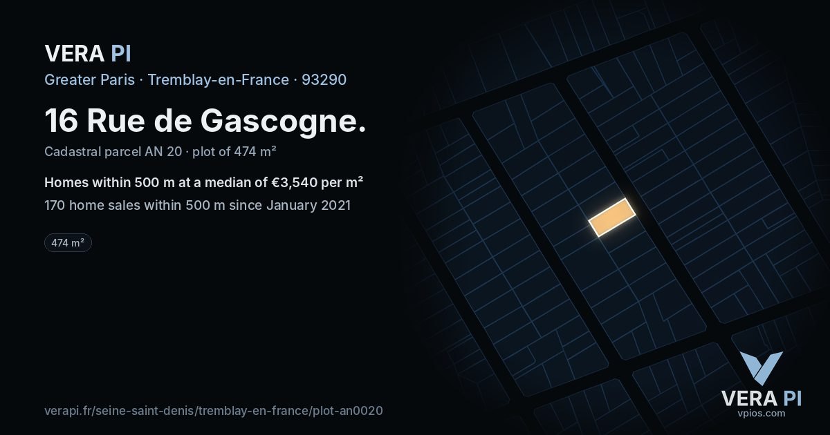 16 Rue de Gascogne, Tremblay-en-France at night – the plot lit, the parcels around coloured by the prices near them