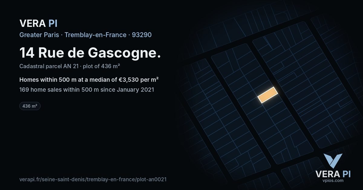 14 Rue de Gascogne, Tremblay-en-France at night – the plot lit, the parcels around coloured by the prices near them
