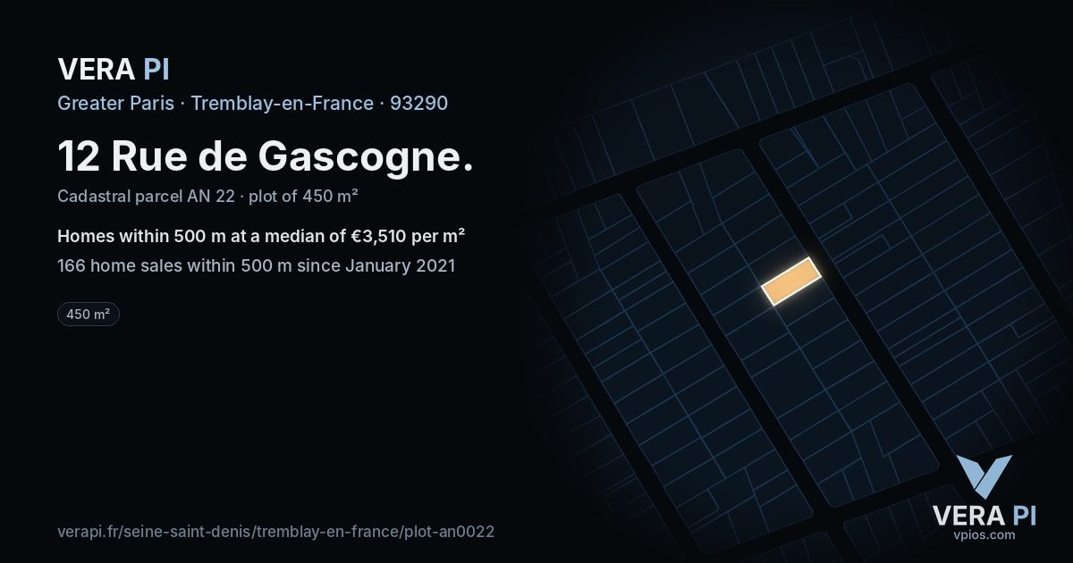 12 Rue de Gascogne, Tremblay-en-France at night – the plot lit, the parcels around coloured by the prices near them