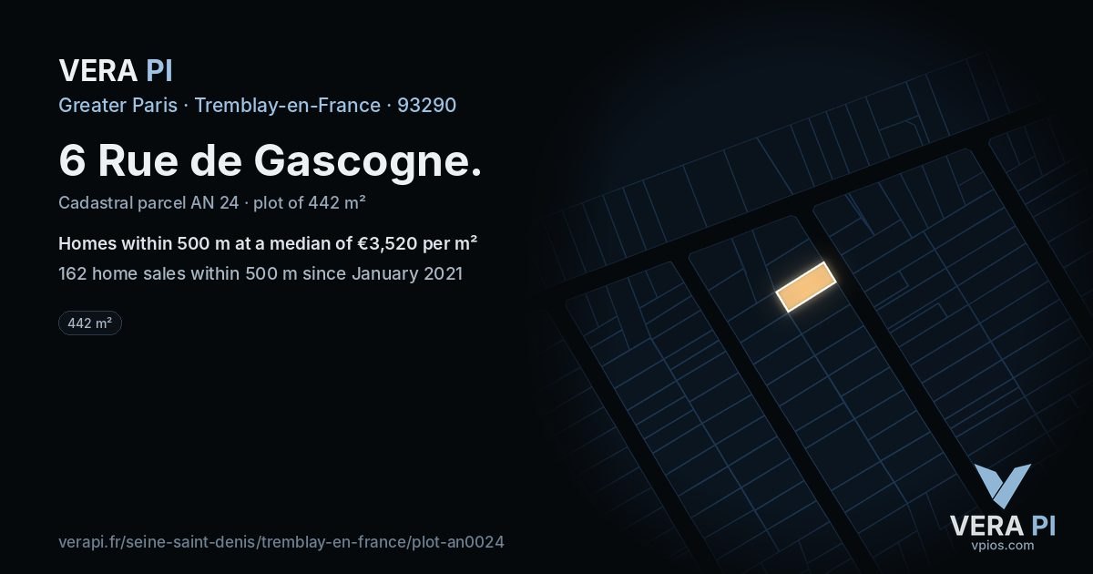 6 Rue de Gascogne, Tremblay-en-France at night – the plot lit, the parcels around coloured by the prices near them