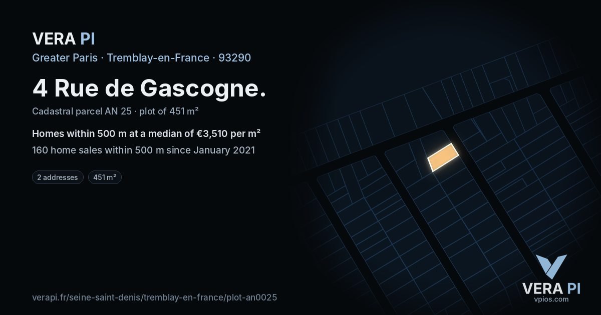 4 Rue de Gascogne, Tremblay-en-France at night – the plot lit, the parcels around coloured by the prices near them