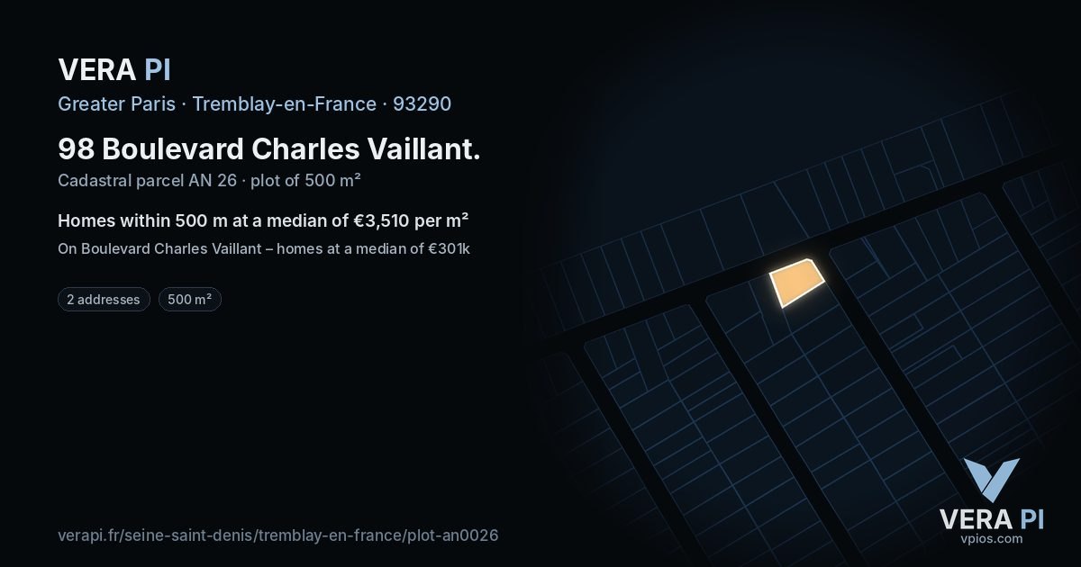 98 Boulevard Charles Vaillant, Tremblay-en-France at night – the plot lit, the parcels around coloured by the prices near them