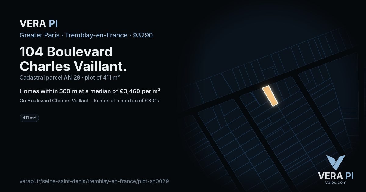 104 Boulevard Charles Vaillant, Tremblay-en-France at night – the plot lit, the parcels around coloured by the prices near them