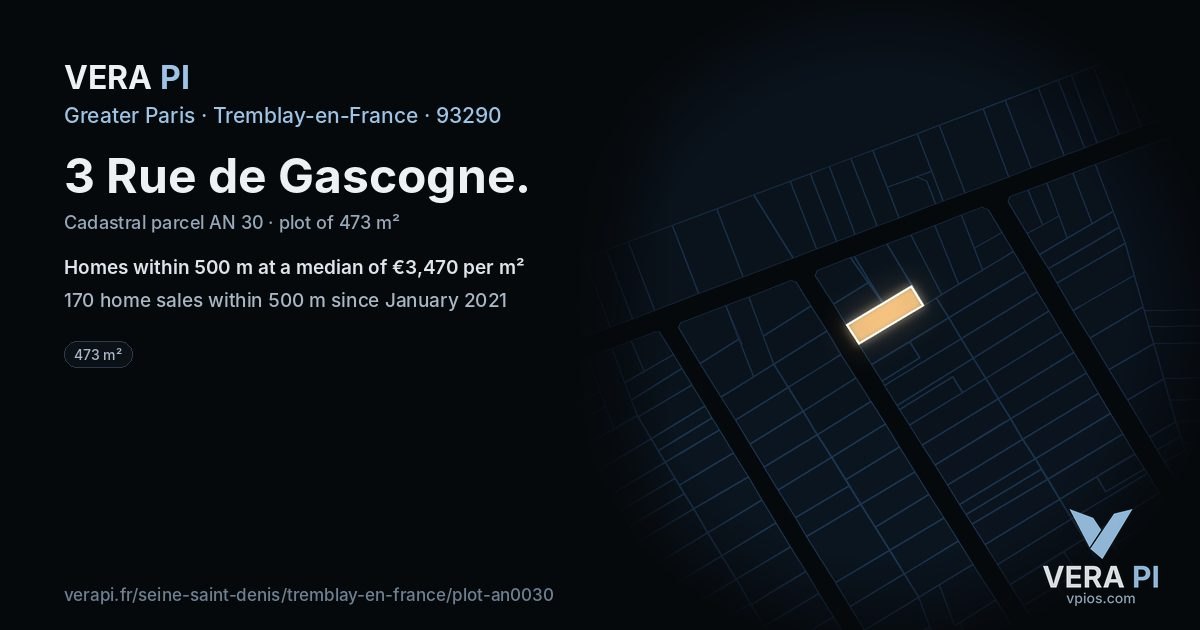 3 Rue de Gascogne, Tremblay-en-France at night – the plot lit, the parcels around coloured by the prices near them