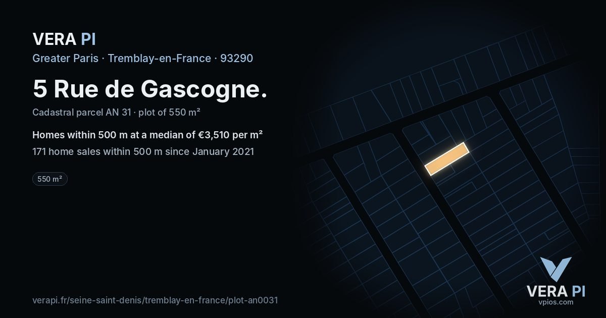 5 Rue de Gascogne, Tremblay-en-France at night – the plot lit, the parcels around coloured by the prices near them