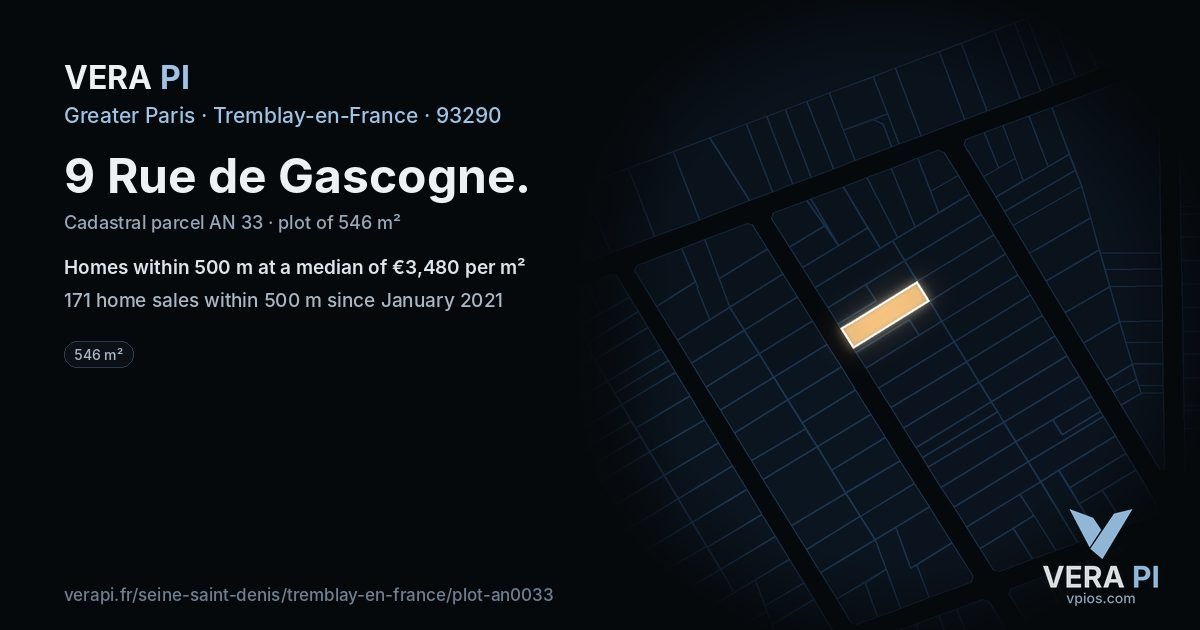 9 Rue de Gascogne, Tremblay-en-France at night – the plot lit, the parcels around coloured by the prices near them