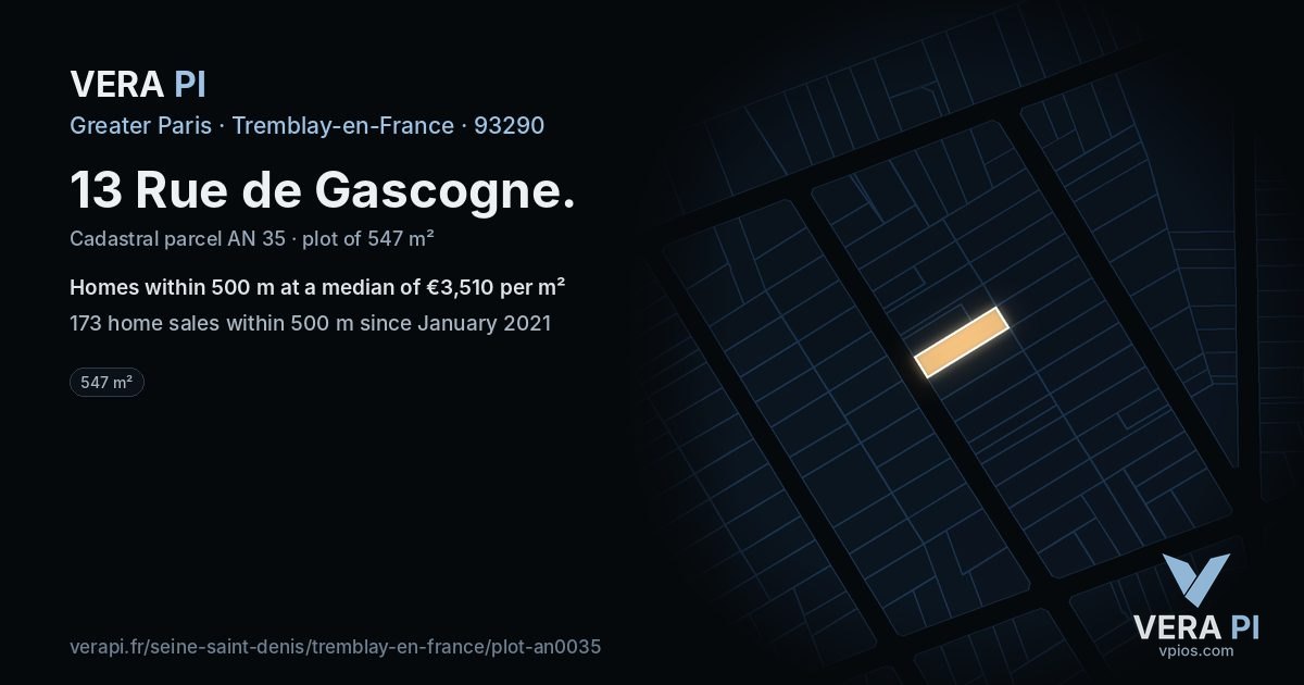 13 Rue de Gascogne, Tremblay-en-France at night – the plot lit, the parcels around coloured by the prices near them