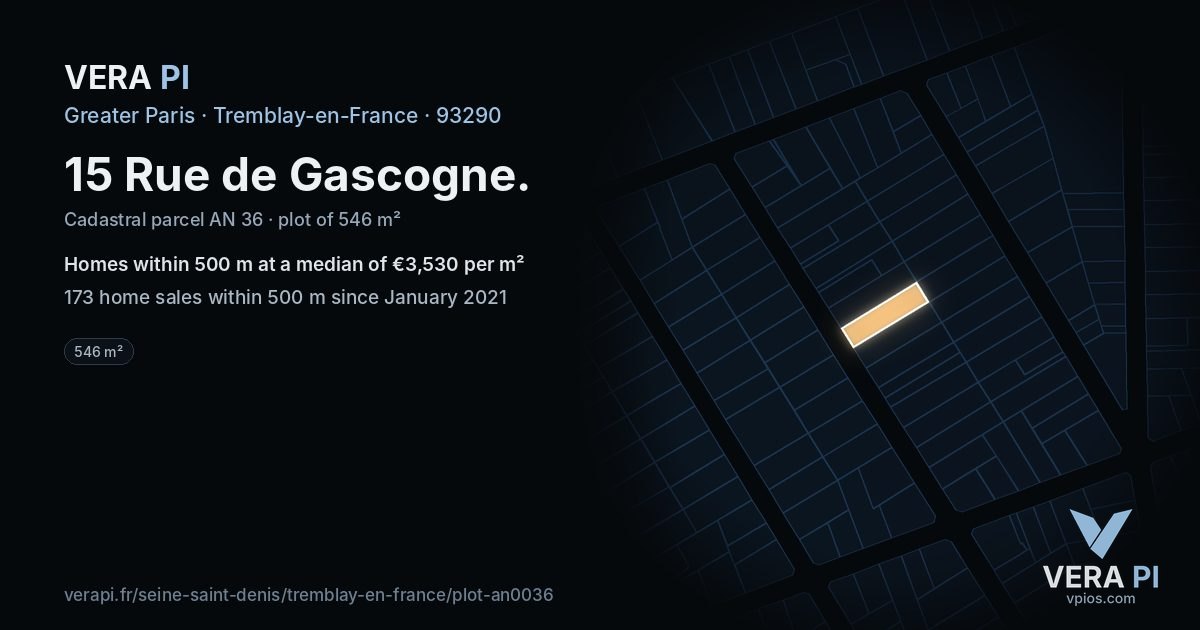 15 Rue de Gascogne, Tremblay-en-France at night – the plot lit, the parcels around coloured by the prices near them