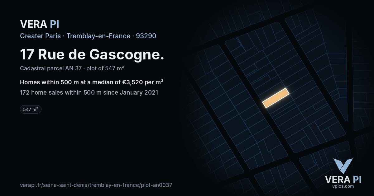 17 Rue de Gascogne, Tremblay-en-France at night – the plot lit, the parcels around coloured by the prices near them
