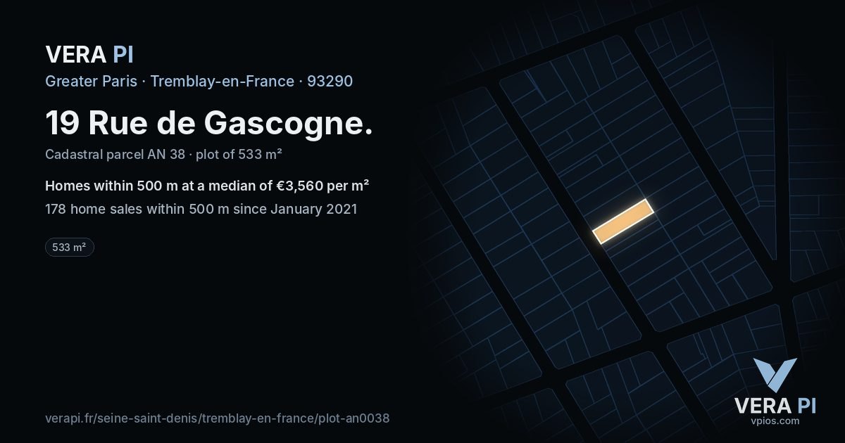 19 Rue de Gascogne, Tremblay-en-France at night – the plot lit, the parcels around coloured by the prices near them