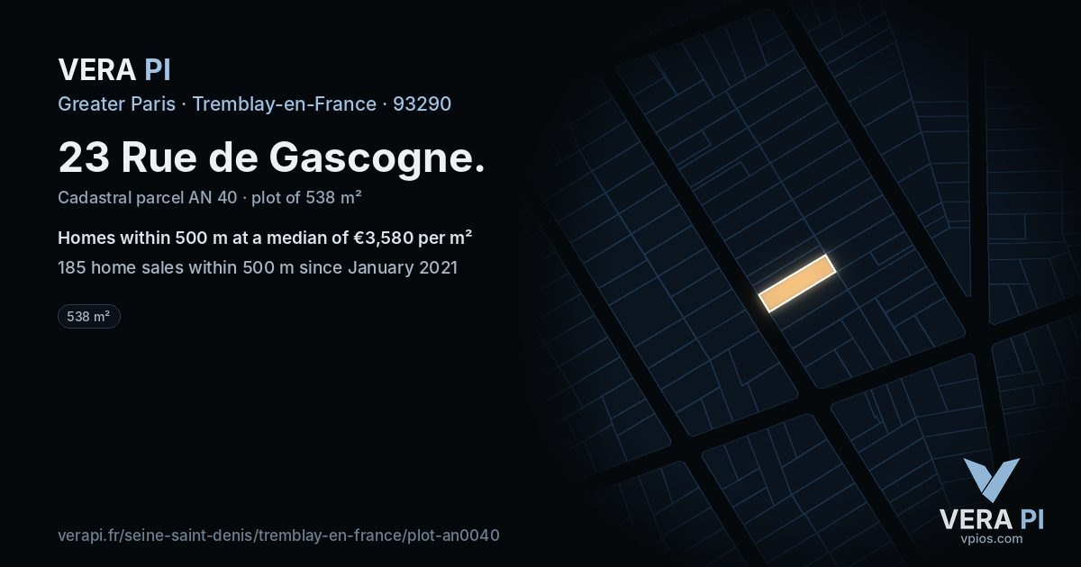 23 Rue de Gascogne, Tremblay-en-France at night – the plot lit, the parcels around coloured by the prices near them
