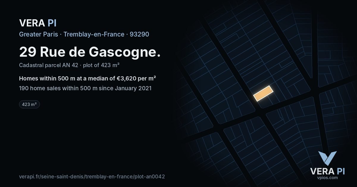 29 Rue de Gascogne, Tremblay-en-France at night – the plot lit, the parcels around coloured by the prices near them