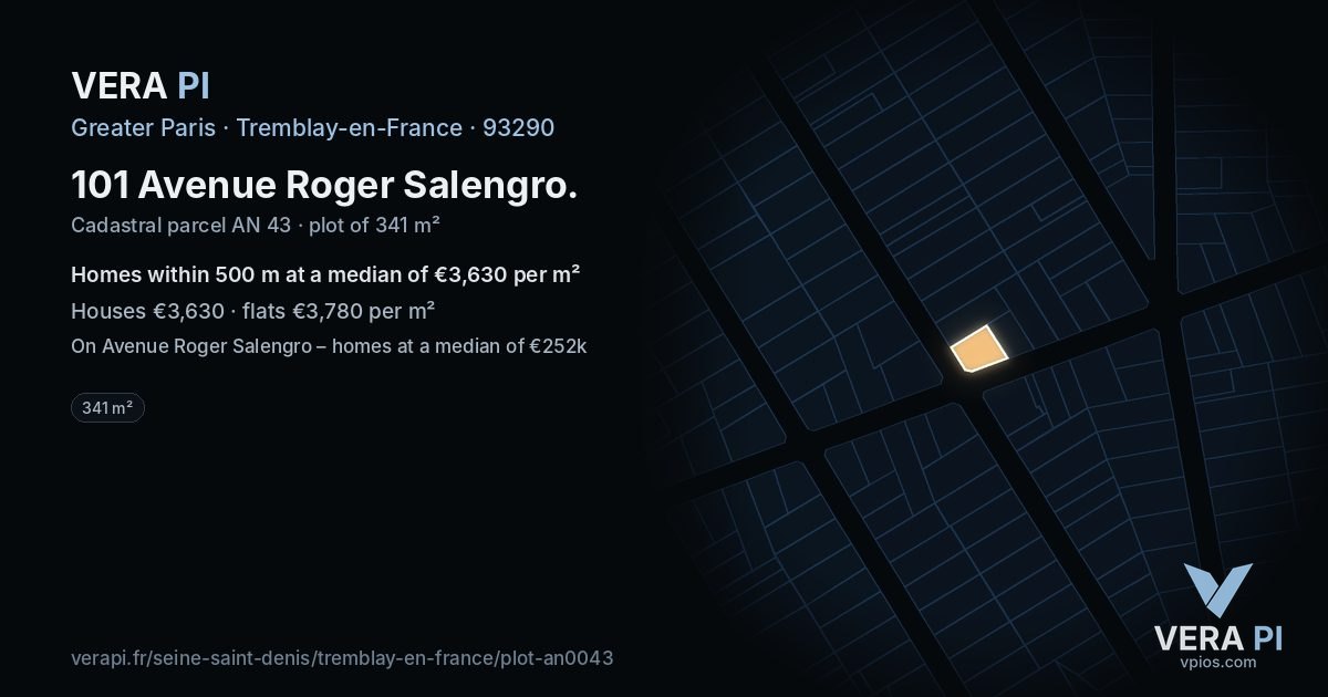 101 Avenue Roger Salengro, Tremblay-en-France at night – the plot lit, the parcels around coloured by the prices near them