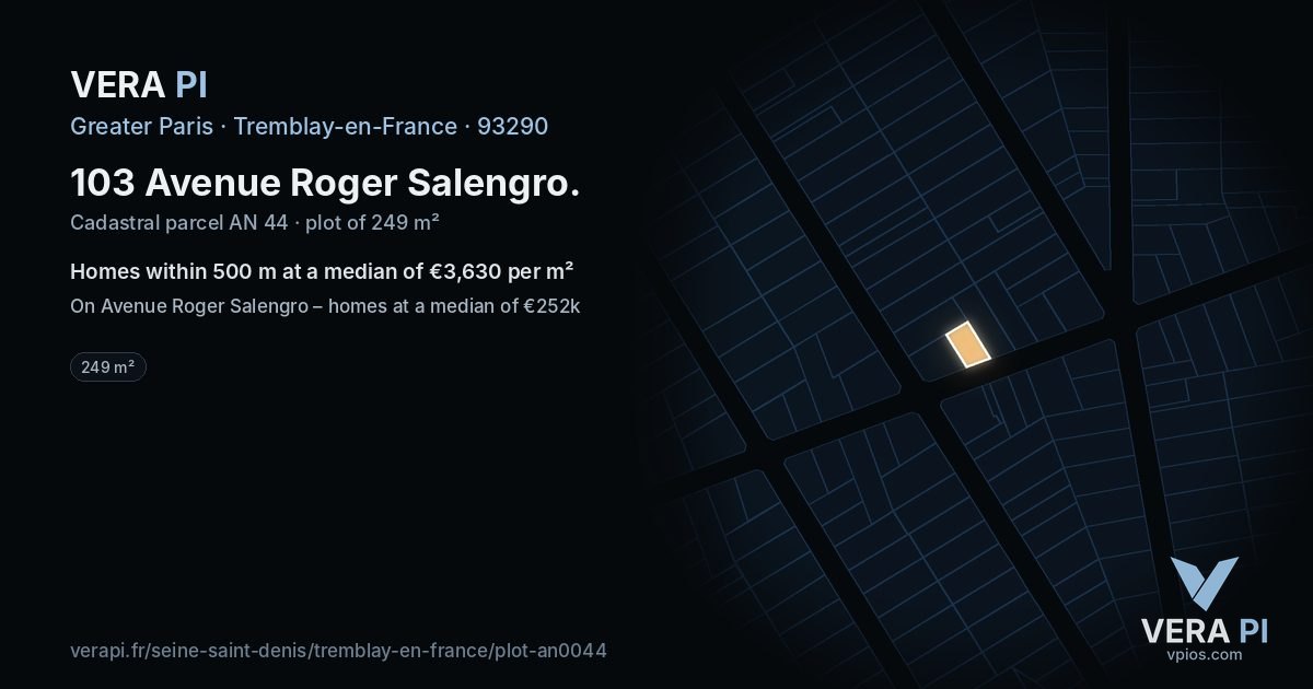 103 Avenue Roger Salengro, Tremblay-en-France at night – the plot lit, the parcels around coloured by the prices near them