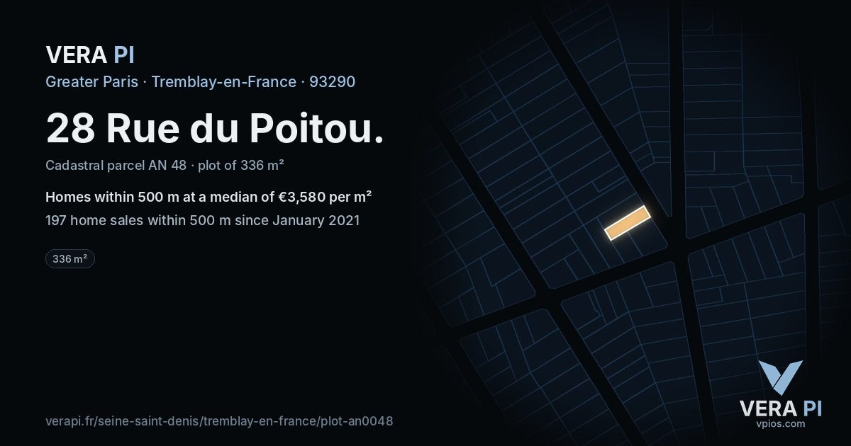 28 Rue du Poitou, Tremblay-en-France at night – the plot lit, the parcels around coloured by the prices near them