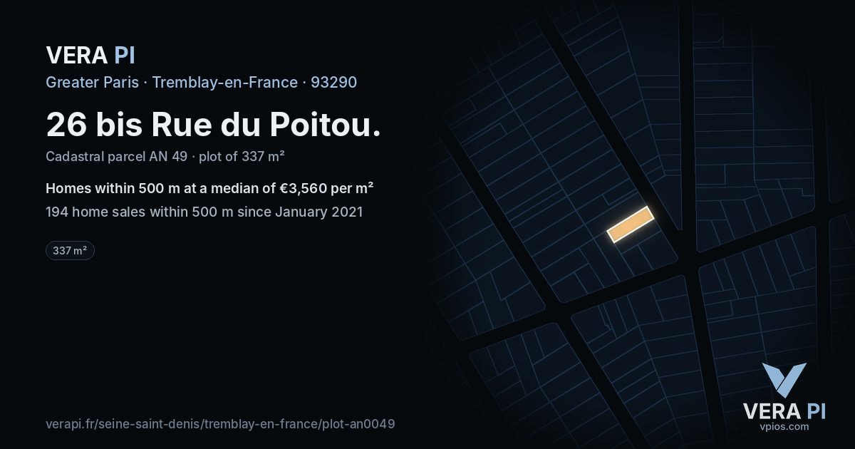 26 bis Rue du Poitou, Tremblay-en-France at night – the plot lit, the parcels around coloured by the prices near them