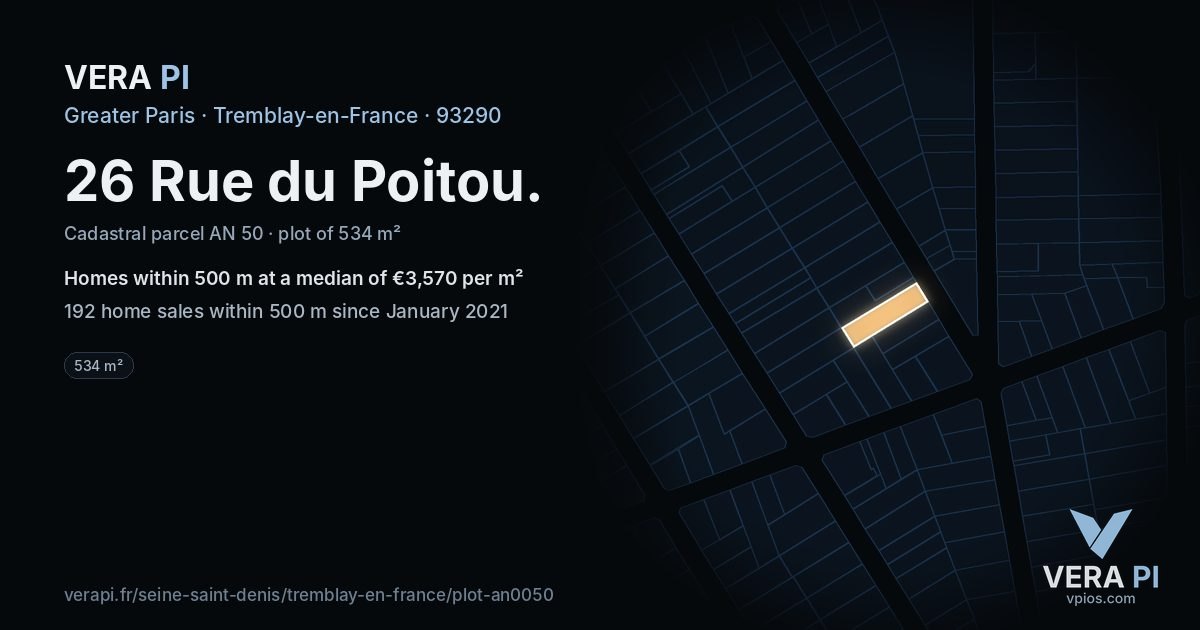 26 Rue du Poitou, Tremblay-en-France at night – the plot lit, the parcels around coloured by the prices near them