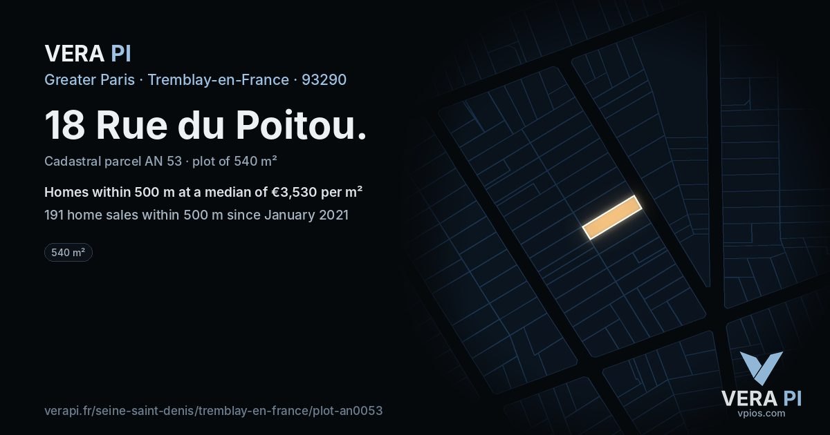 18 Rue du Poitou, Tremblay-en-France at night – the plot lit, the parcels around coloured by the prices near them