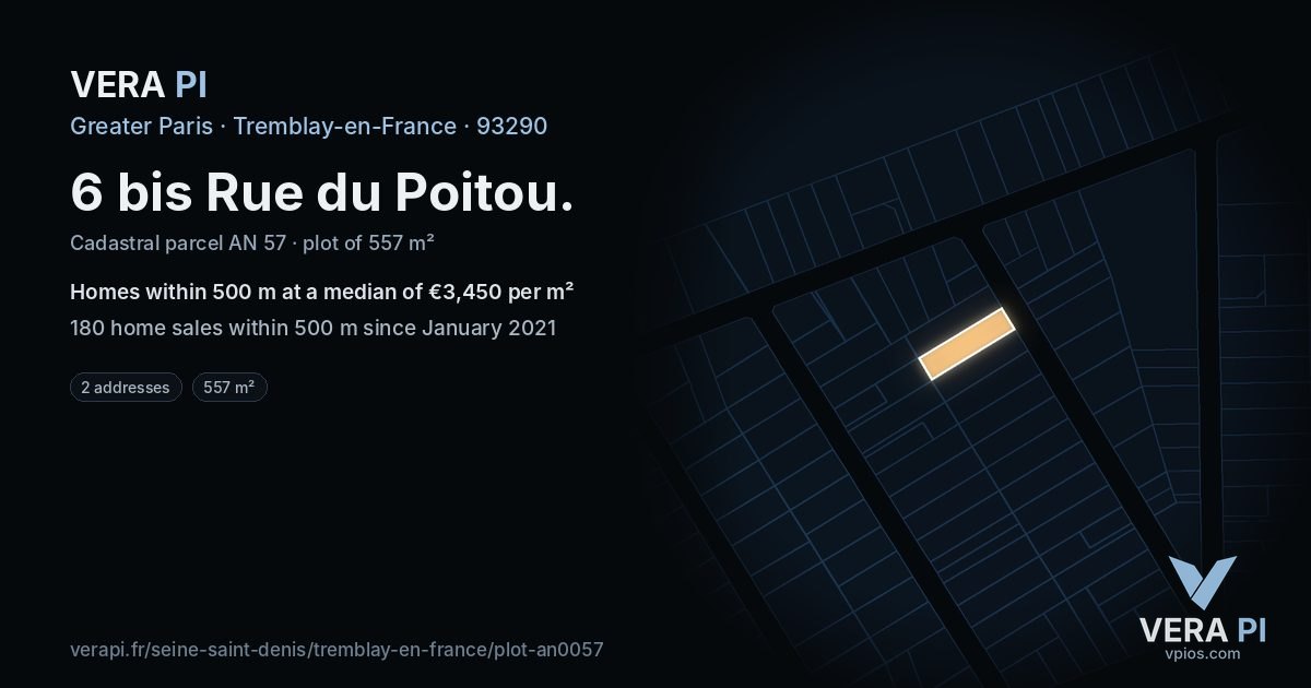 6 bis Rue du Poitou, Tremblay-en-France at night – the plot lit, the parcels around coloured by the prices near them