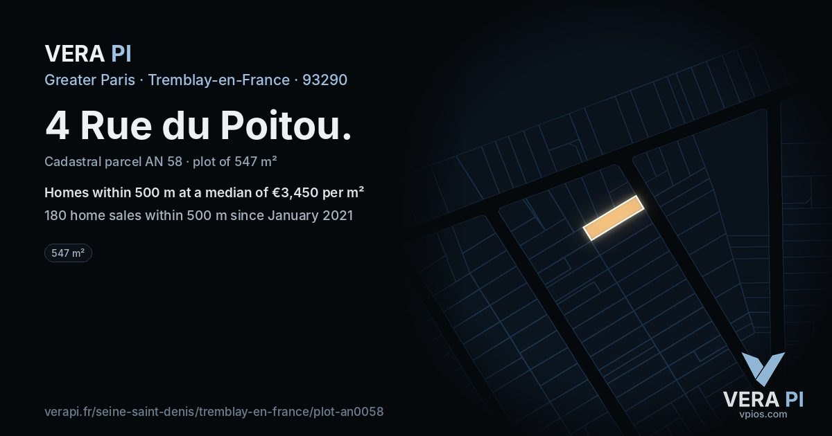 4 Rue du Poitou, Tremblay-en-France at night – the plot lit, the parcels around coloured by the prices near them