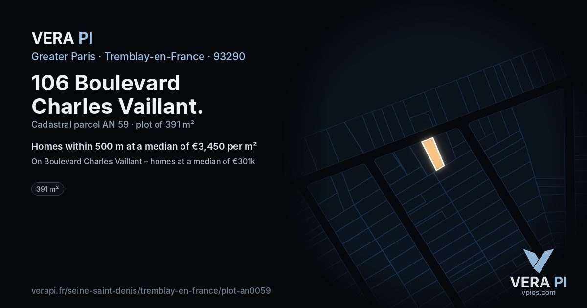 106 Boulevard Charles Vaillant, Tremblay-en-France at night – the plot lit, the parcels around coloured by the prices near them