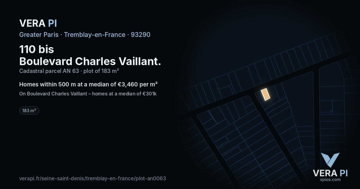110 bis Boulevard Charles Vaillant, Tremblay-en-France at night – the plot lit, the parcels around coloured by the prices near them