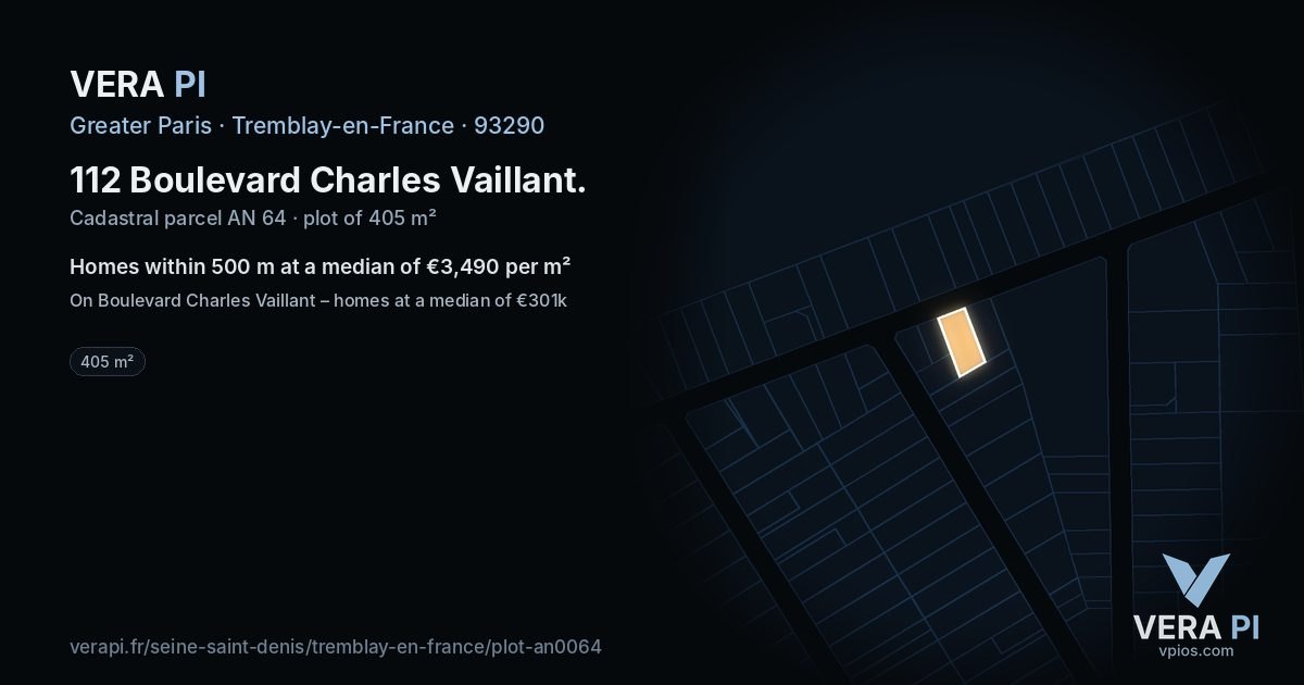 112 Boulevard Charles Vaillant, Tremblay-en-France at night – the plot lit, the parcels around coloured by the prices near them