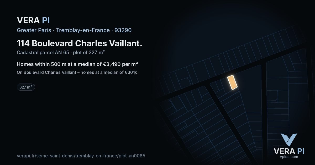 114 Boulevard Charles Vaillant, Tremblay-en-France at night – the plot lit, the parcels around coloured by the prices near them
