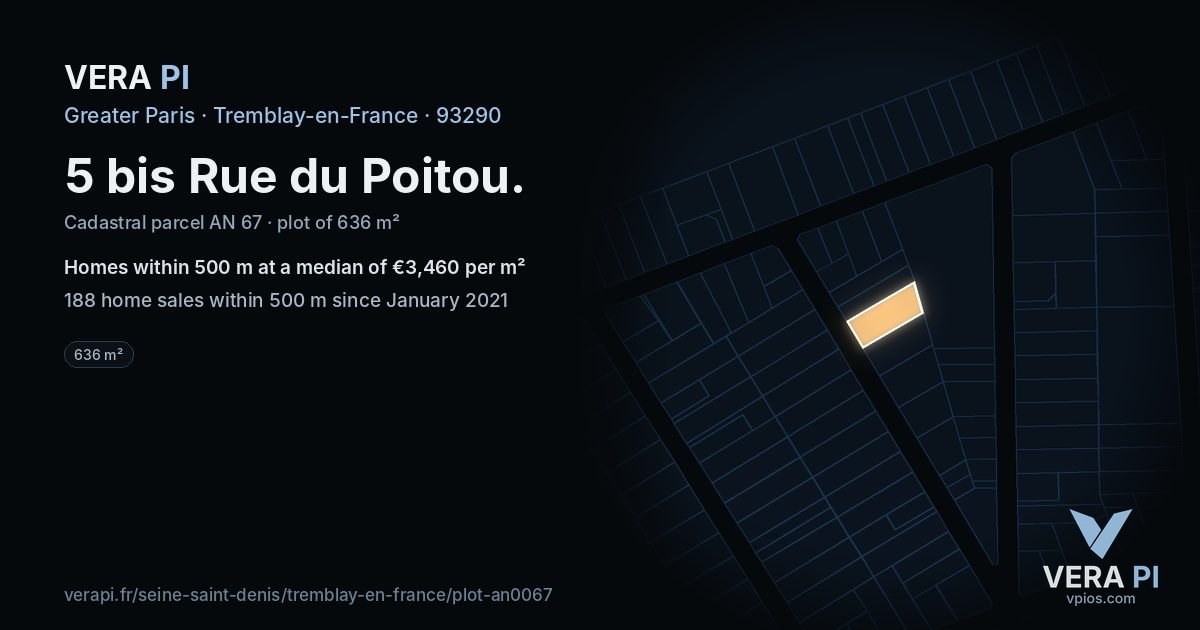 5 bis Rue du Poitou, Tremblay-en-France at night – the plot lit, the parcels around coloured by the prices near them