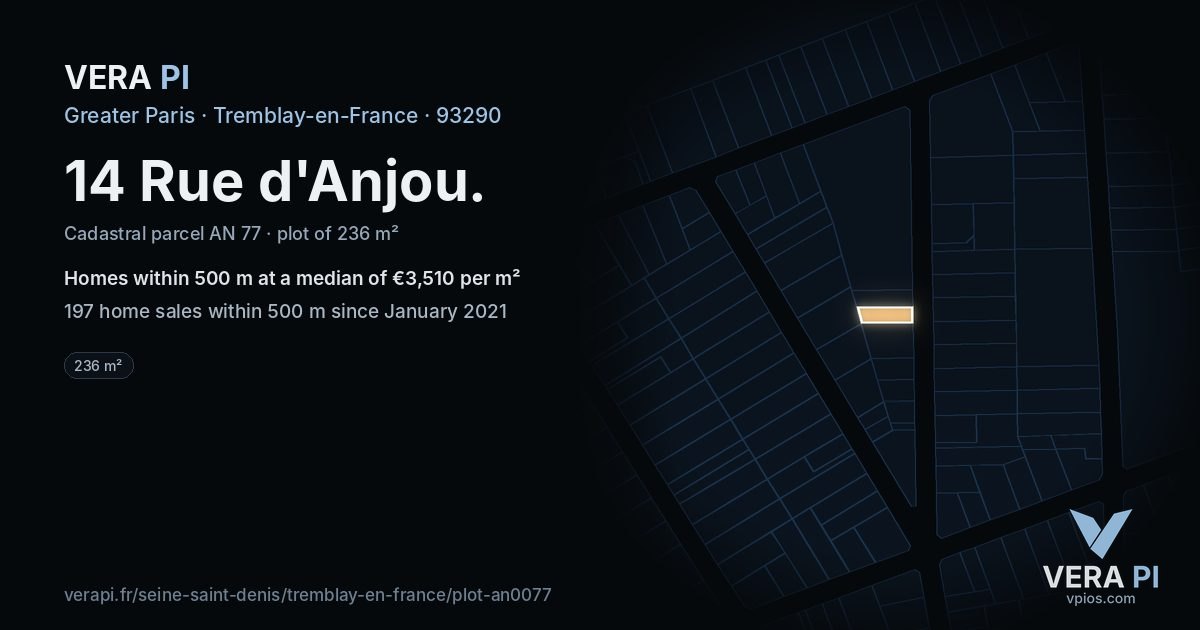 14 Rue d'Anjou, Tremblay-en-France at night – the plot lit, the parcels around coloured by the prices near them