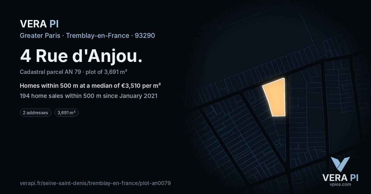 4 Rue d'Anjou, Tremblay-en-France at night – the plot lit, the parcels around coloured by the prices near them