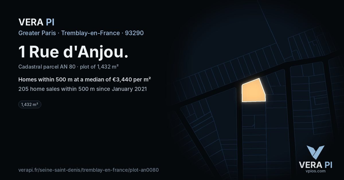 1 Rue d'Anjou, Tremblay-en-France at night – the plot lit, the parcels around coloured by the prices near them