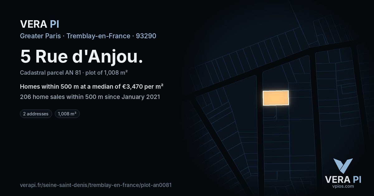 5 Rue d'Anjou, Tremblay-en-France at night – the plot lit, the parcels around coloured by the prices near them